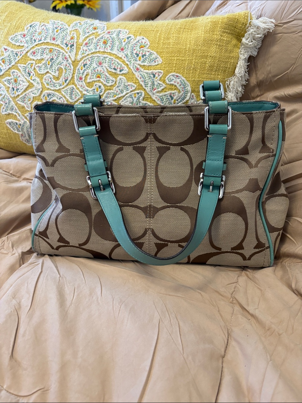 Coach Brown Signature Satchel with Teal Trim - Picture 3 of 7